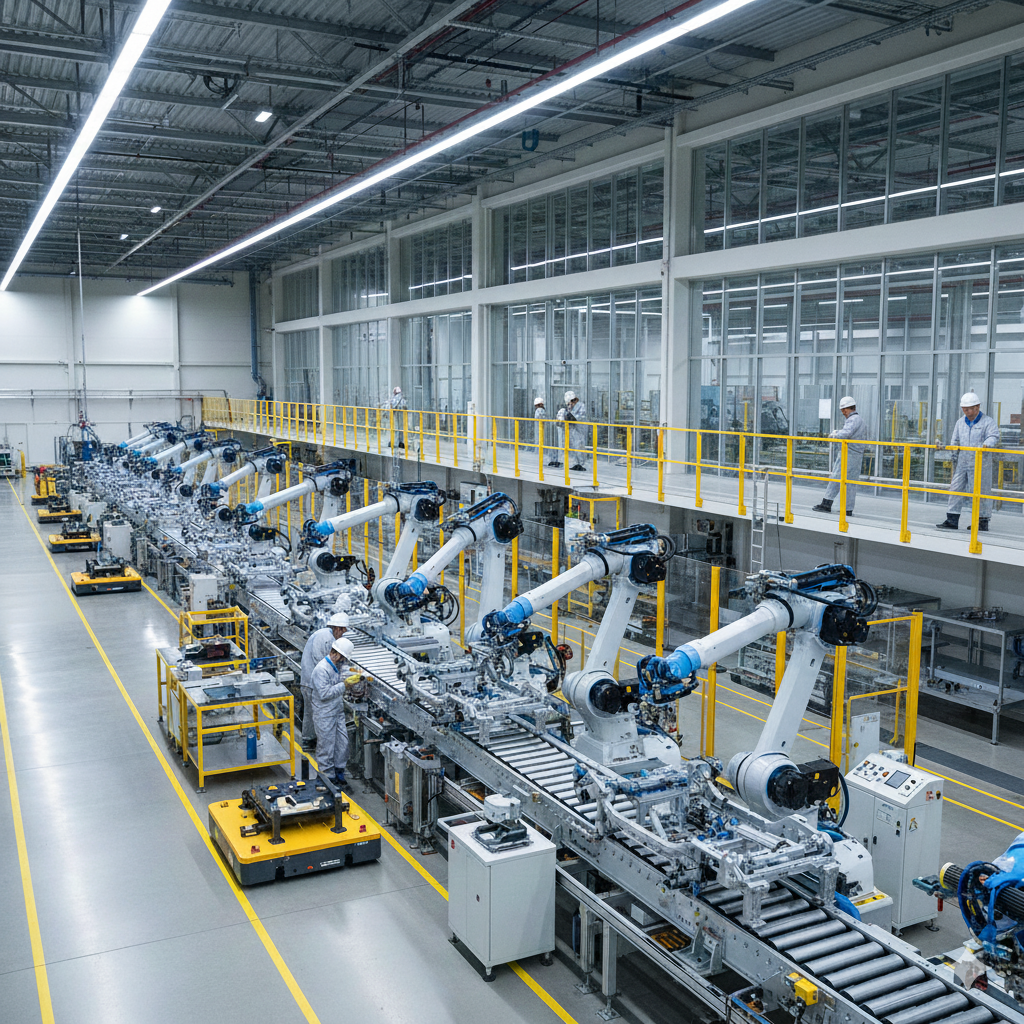 Linha de produção industrial com equipe técnica — planejamento de marketing industrial DM7